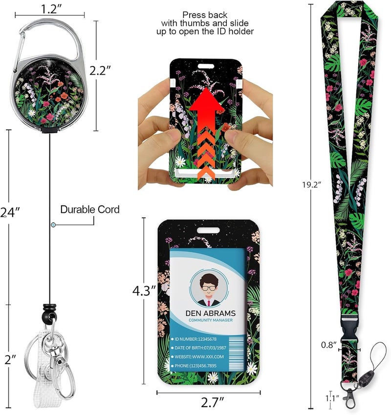 Piefly ID Badge Holder with Breakaway Lanyards, Flowers Floral Badge Holder with Lanyard, Retractable Reel Keychain Name Tag Lanyard Vertical ID Card Protector for Women Teacher Nurses Doctor Student - Image 5